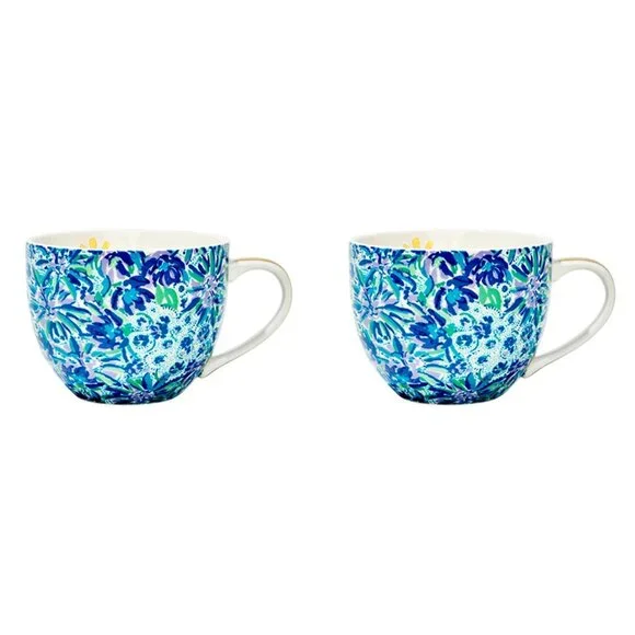 LILLY PULITZER Teal Blue & Green Ceramic Mug Set (2 Piece) SO PRETTY & NEW! - Picture 3 of 7